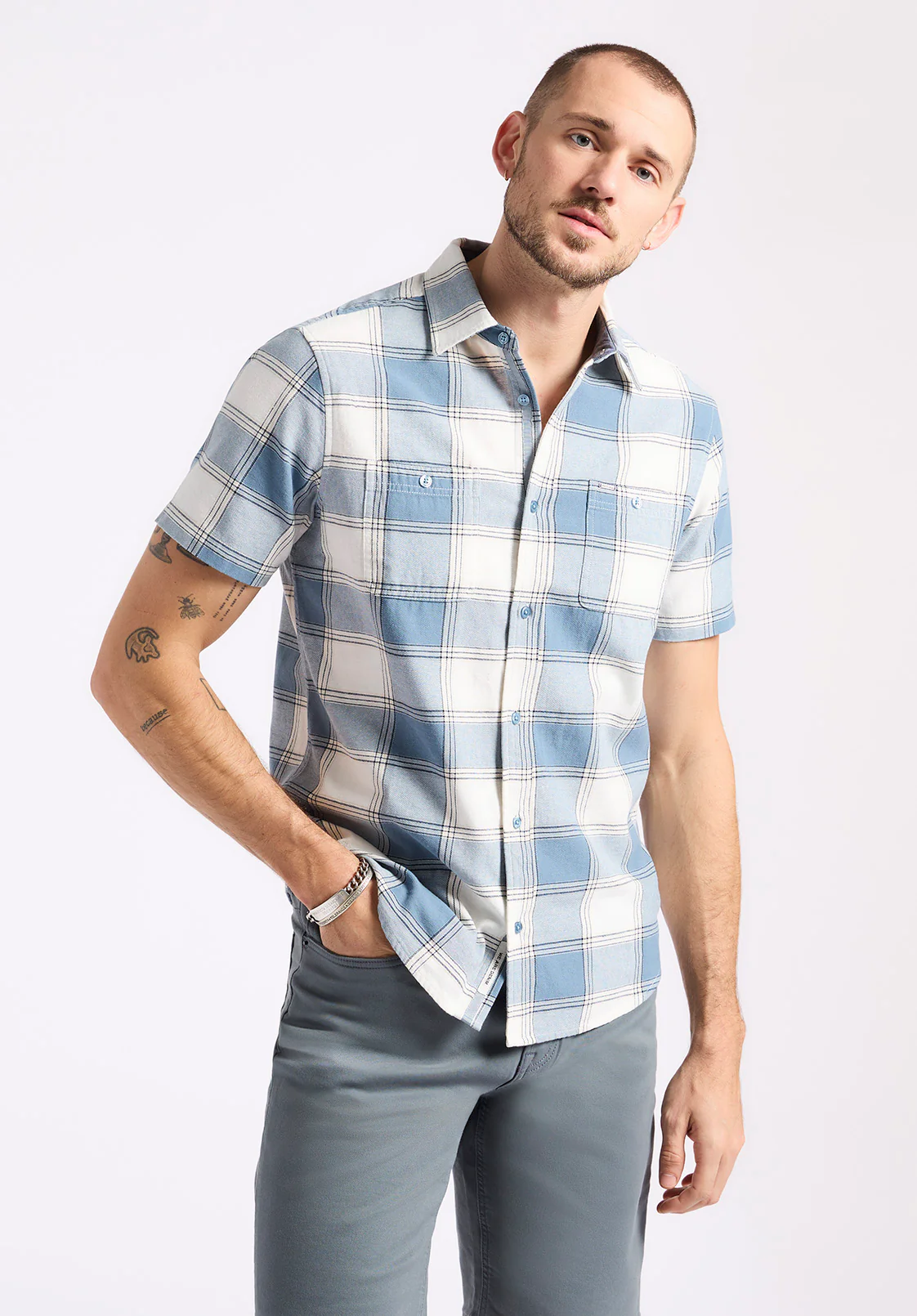 Sagrino Men's Short-Sleeve Plaid Fitted Shirt, Mirage Blue - BM24553