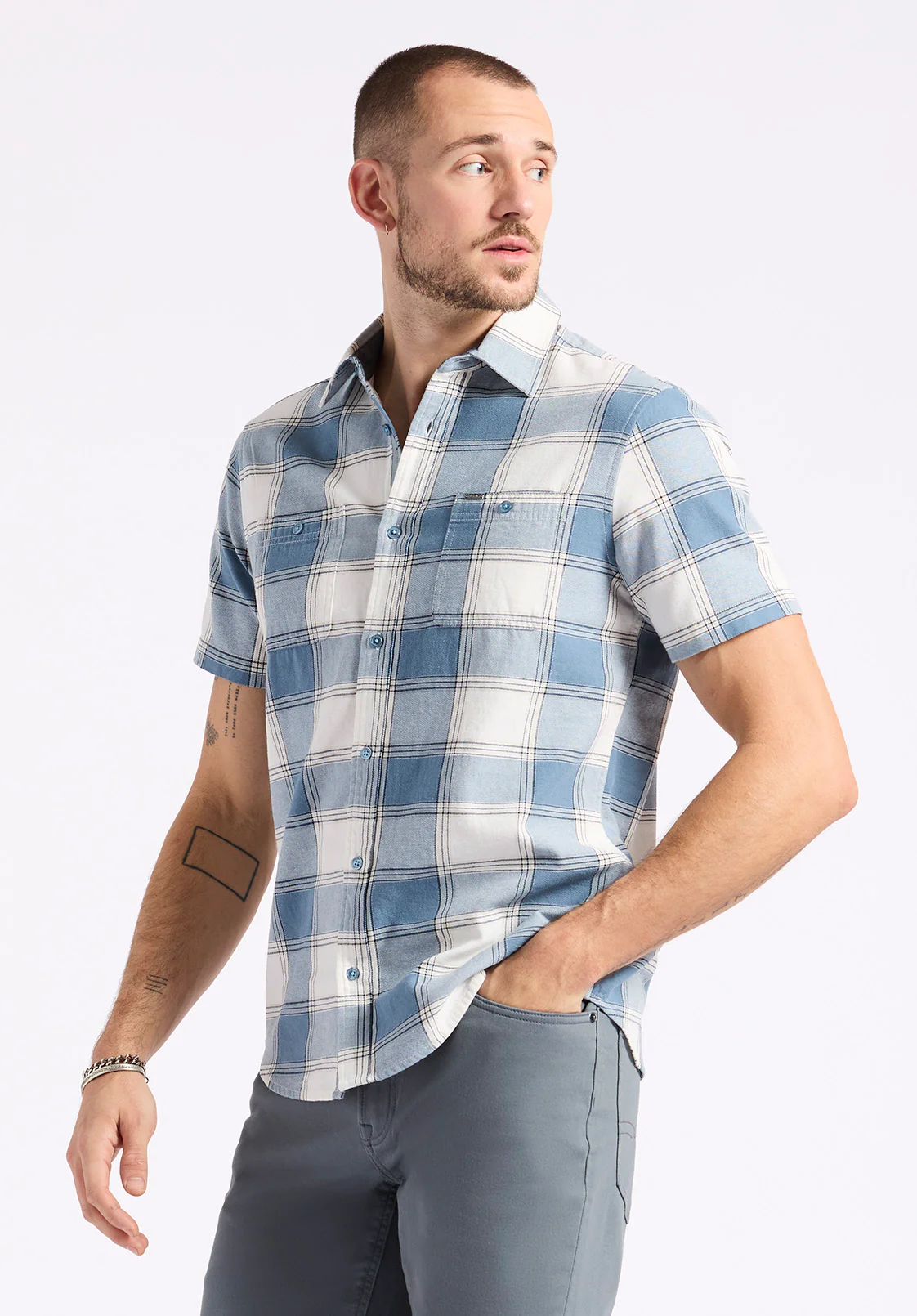 Sagrino Men's Short-Sleeve Plaid Fitted Shirt, Mirage Blue - BM24553 - Image 3