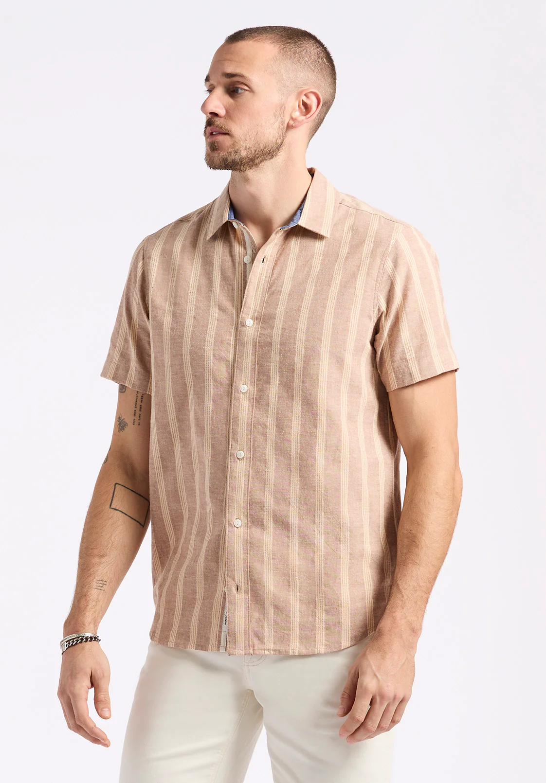 Sagrino Men's Short-Sleeve Striped Fitted Shirt, Woodsmoke Beige - BM24564 - Image 2