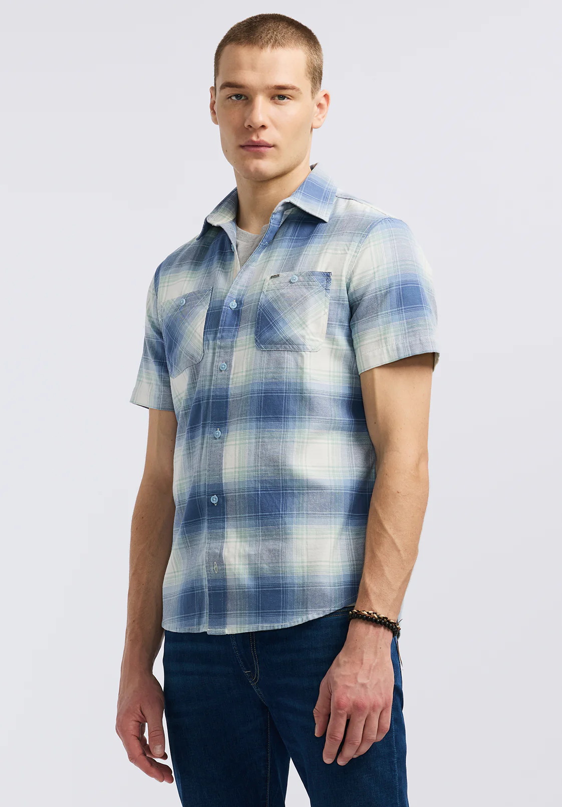 Sagrino Men's Short-Sleeve Plaid Fitted Shirt, Moonlight Blue - BM24618 - Image 2
