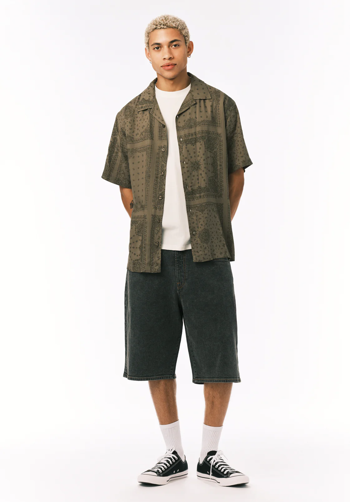Sandro Men’s Printed Short Sleeve Camp Shirt, Army Green - BM24781 - Image 3