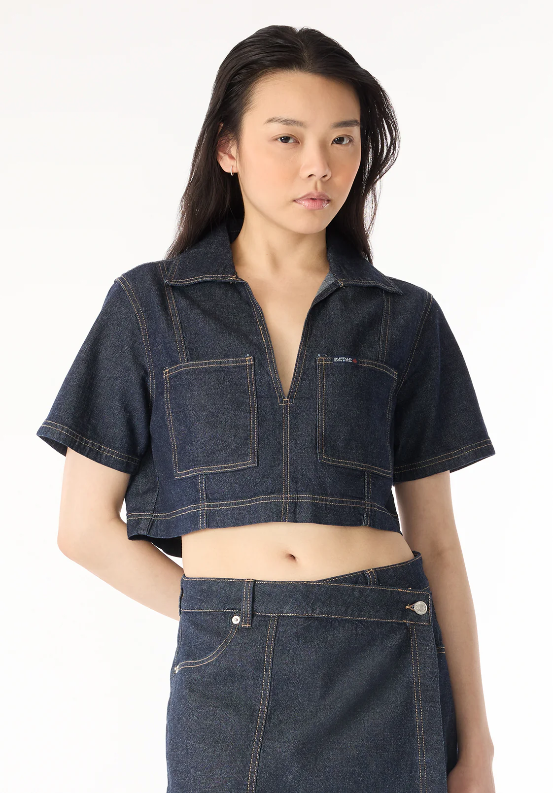 Selena Women's Denim Cropped Top with Patch Pockets, Indigo - BL16016