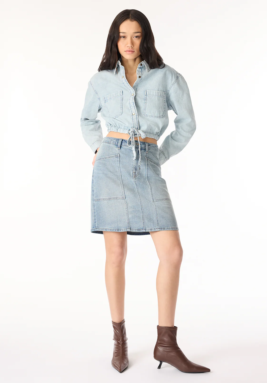 Serena Women's Long-Sleeve Cropped Denim Shirt, Bleached Down Blue - BL16021 - Image 3