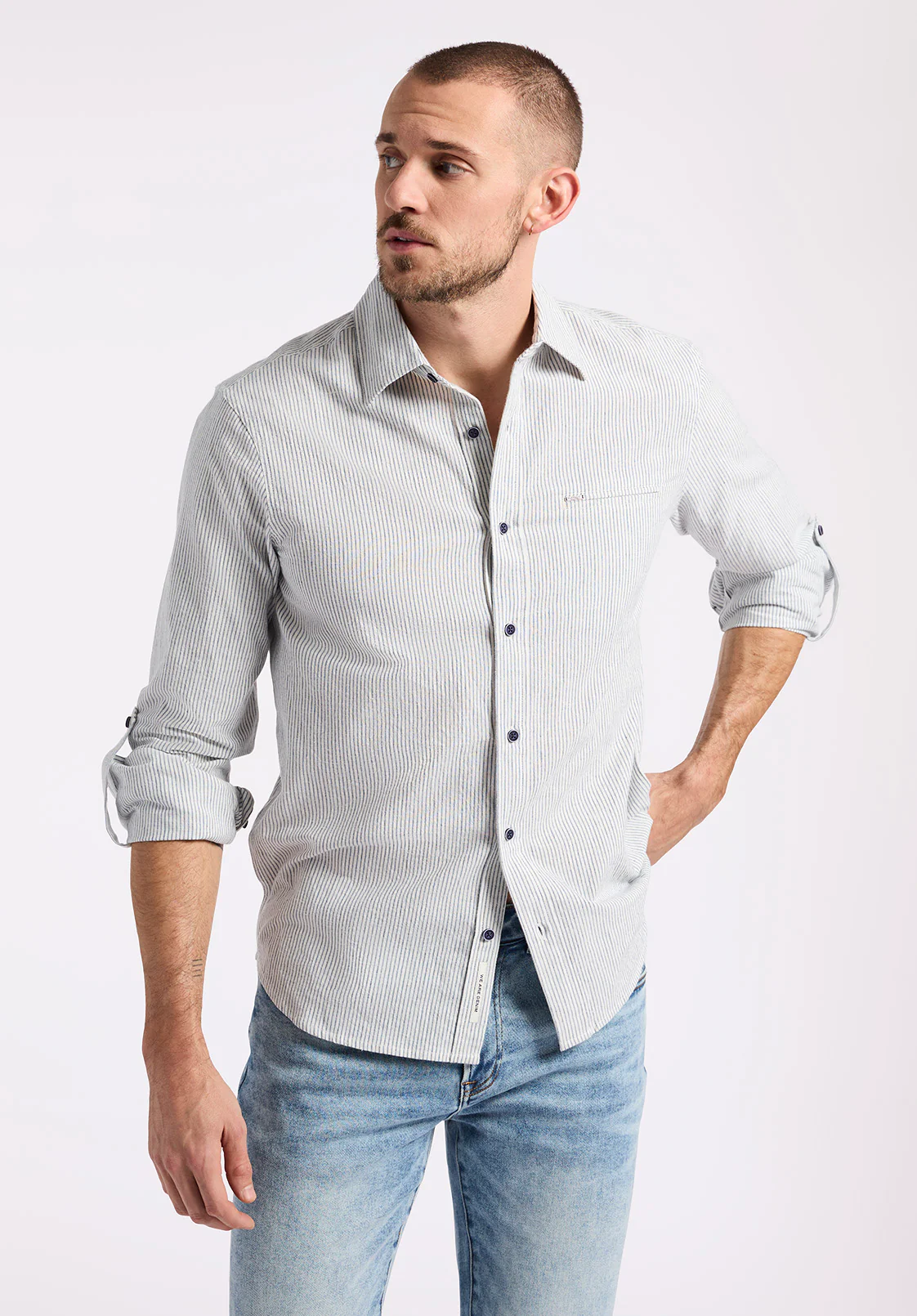 Simbio Men's Long-Sleeve Linen Blend Striped Fitted Shirt, Moonlight Blue - BM24561