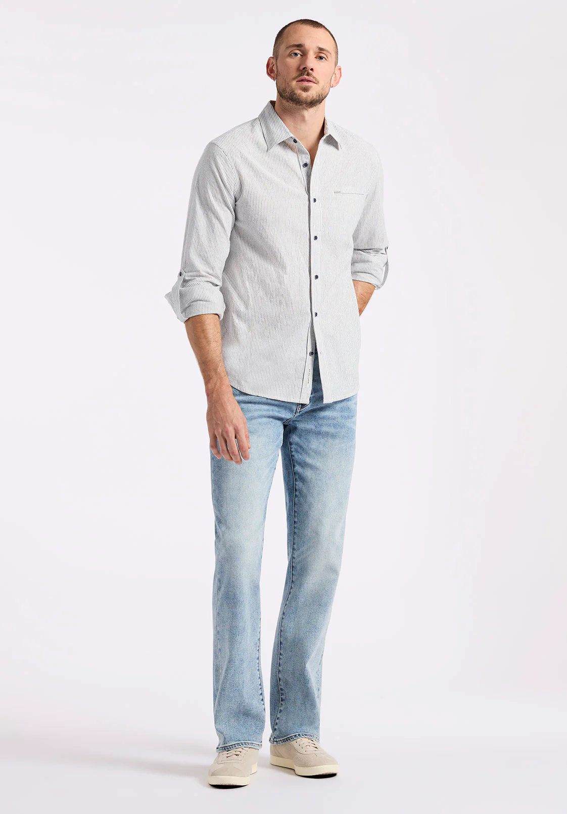 Simbio Men's Long-Sleeve Linen Blend Striped Fitted Shirt, Moonlight Blue - BM24561 - Image 5