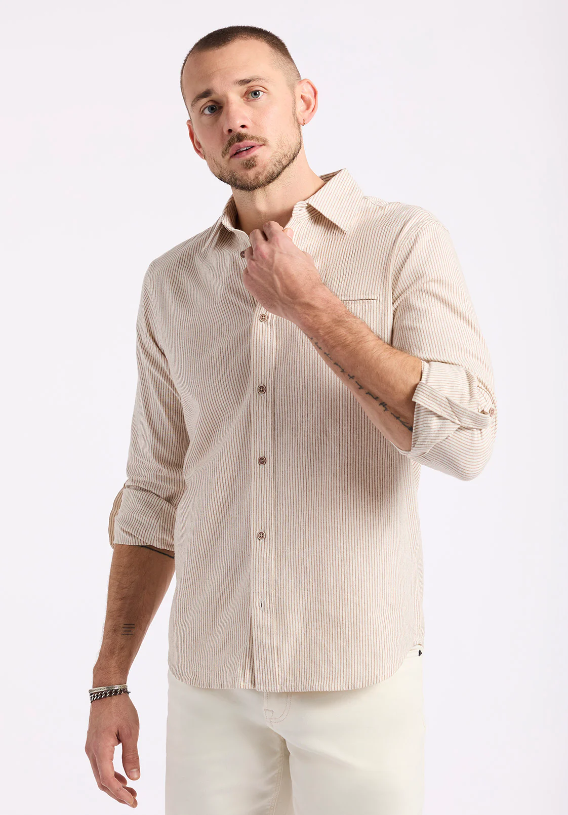 Simbio Men's Long-Sleeve Linen Blend Striped Fitted Shirt, Woodsmoke Beige - BM24561