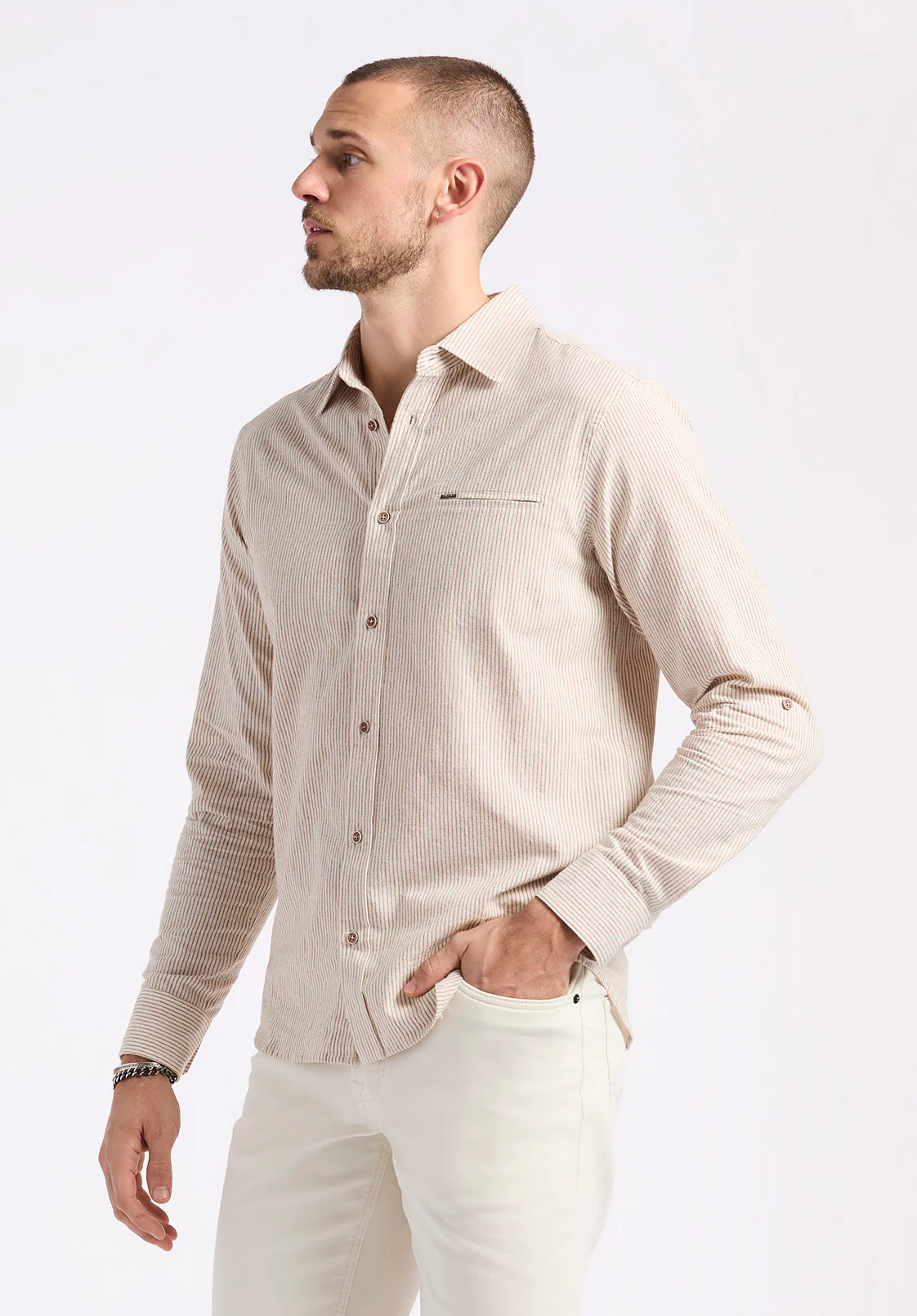 Simbio Men's Long-Sleeve Linen Blend Striped Fitted Shirt, Woodsmoke Beige - BM24561 - Image 2