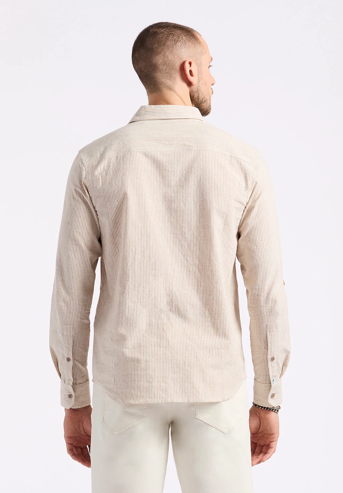 Simbio Men's Long-Sleeve Linen Blend Striped Fitted Shirt, Woodsmoke Beige - BM24561 - Image 3