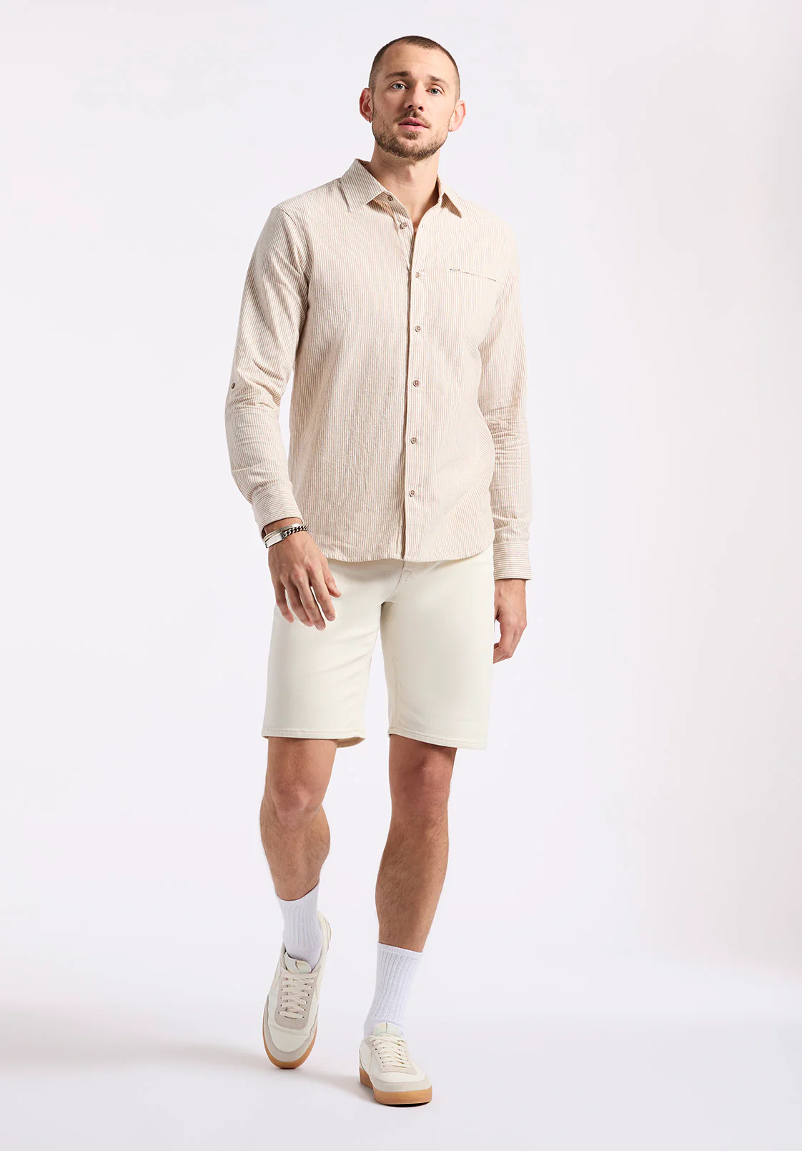 Simbio Men's Long-Sleeve Linen Blend Striped Fitted Shirt, Woodsmoke Beige - BM24561 - Image 4