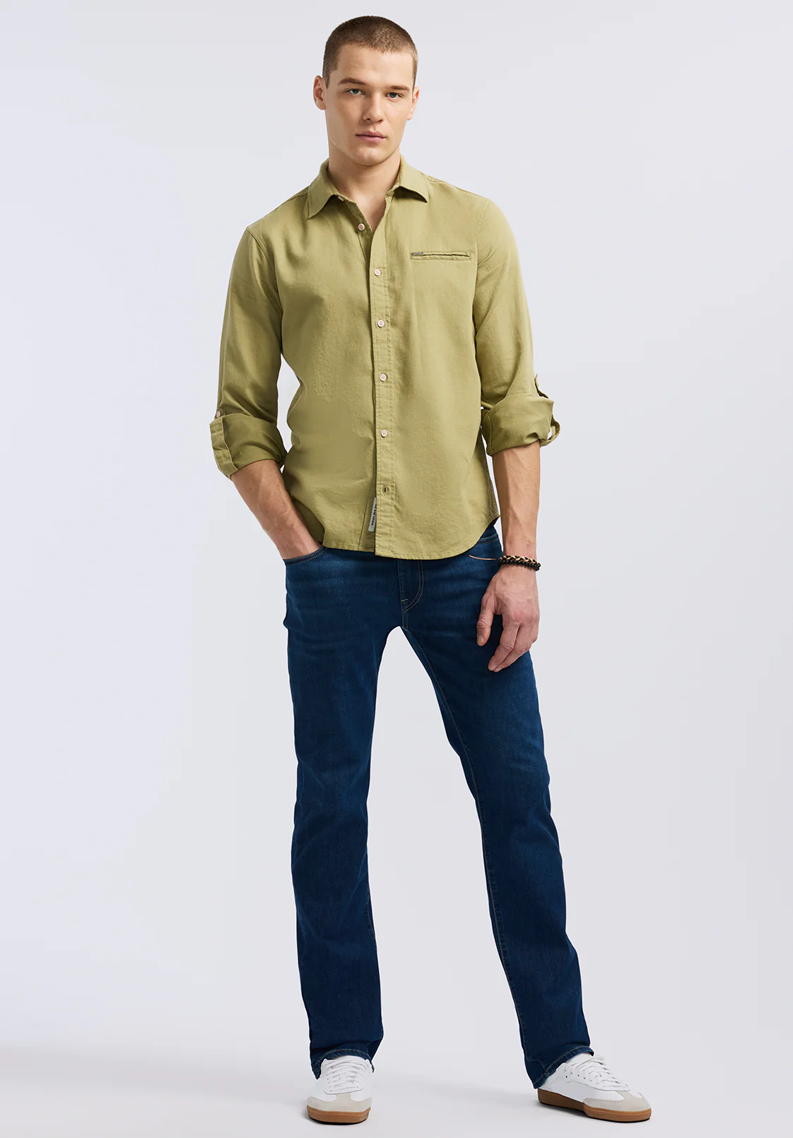 Simbio Men's Long-Sleeve Linen Blend Fitted Shirt, Green Olive - BM24617 - Image 4