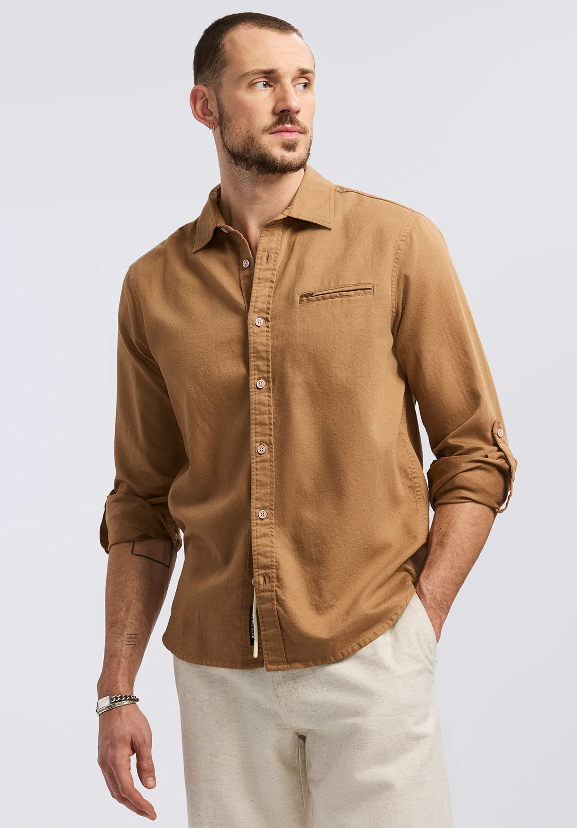 Simbio Men's Long-Sleeve Linen Blend Fitted Shirt, Woodsmoke - BM24617