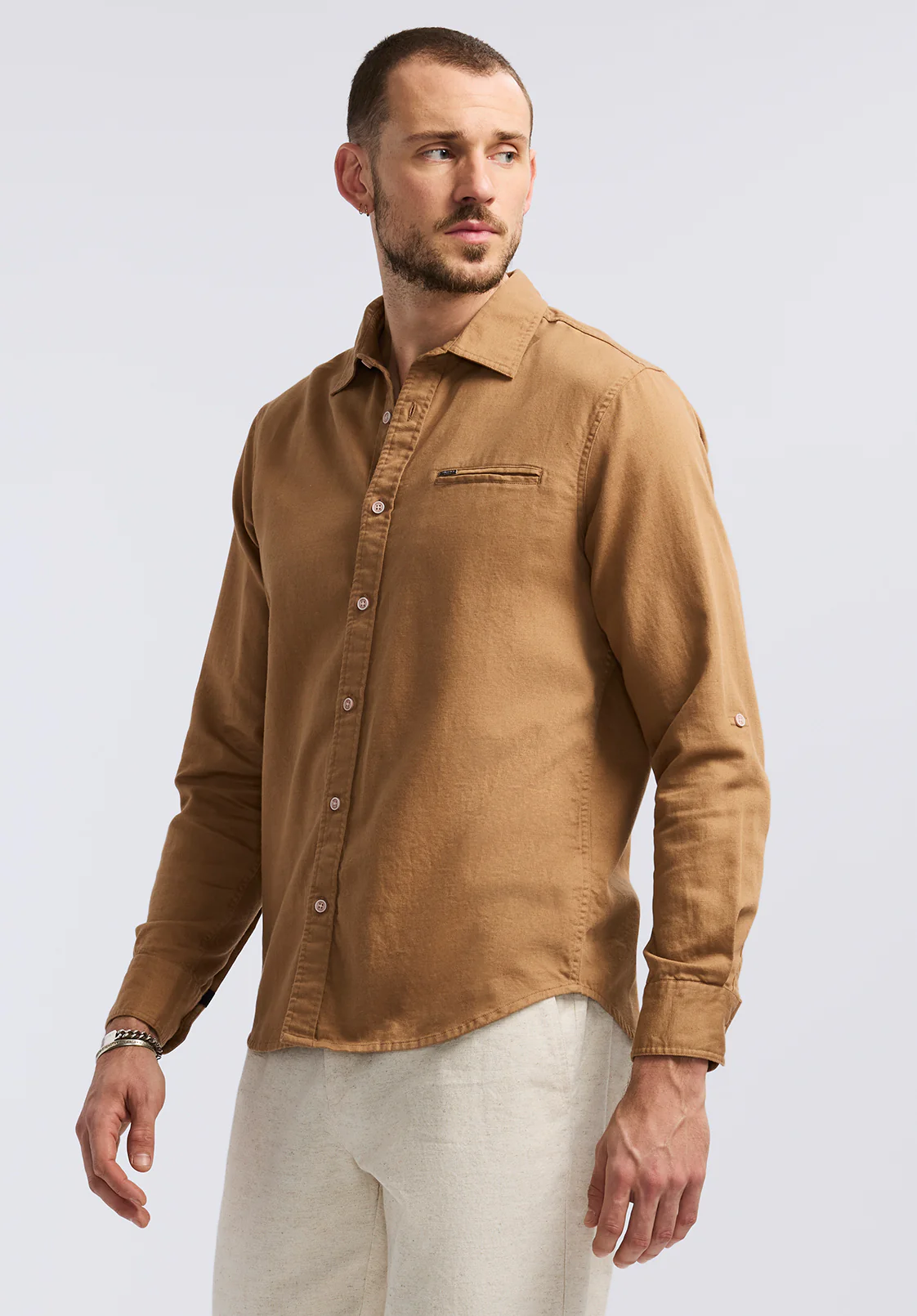 Simbio Men's Long-Sleeve Linen Blend Fitted Shirt, Woodsmoke - BM24617 - Image 2