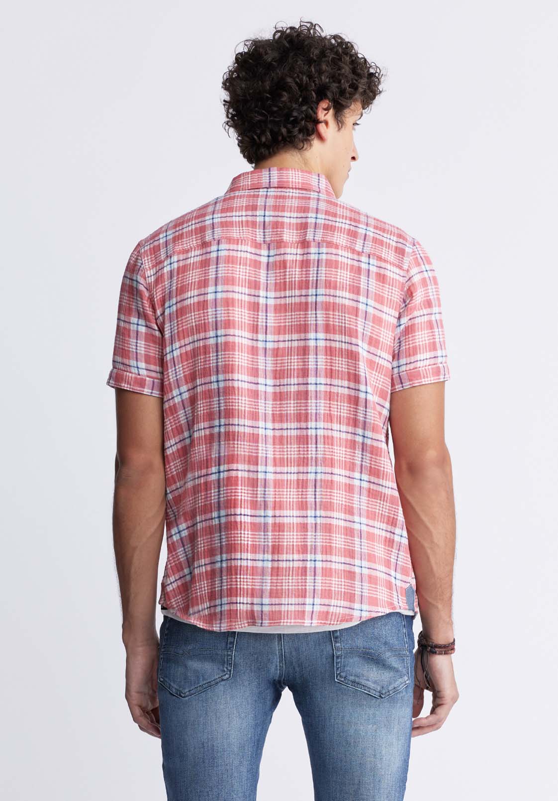 Sirilo Men’s Plaid Short-Sleeve Shirt in Red - BM24283 - Image 4