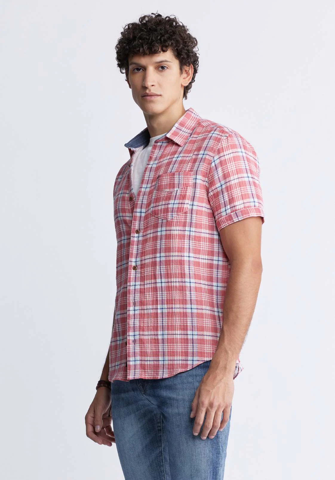 Sirilo Men’s Plaid Short-Sleeve Shirt in Red - BM24283 - Image 5