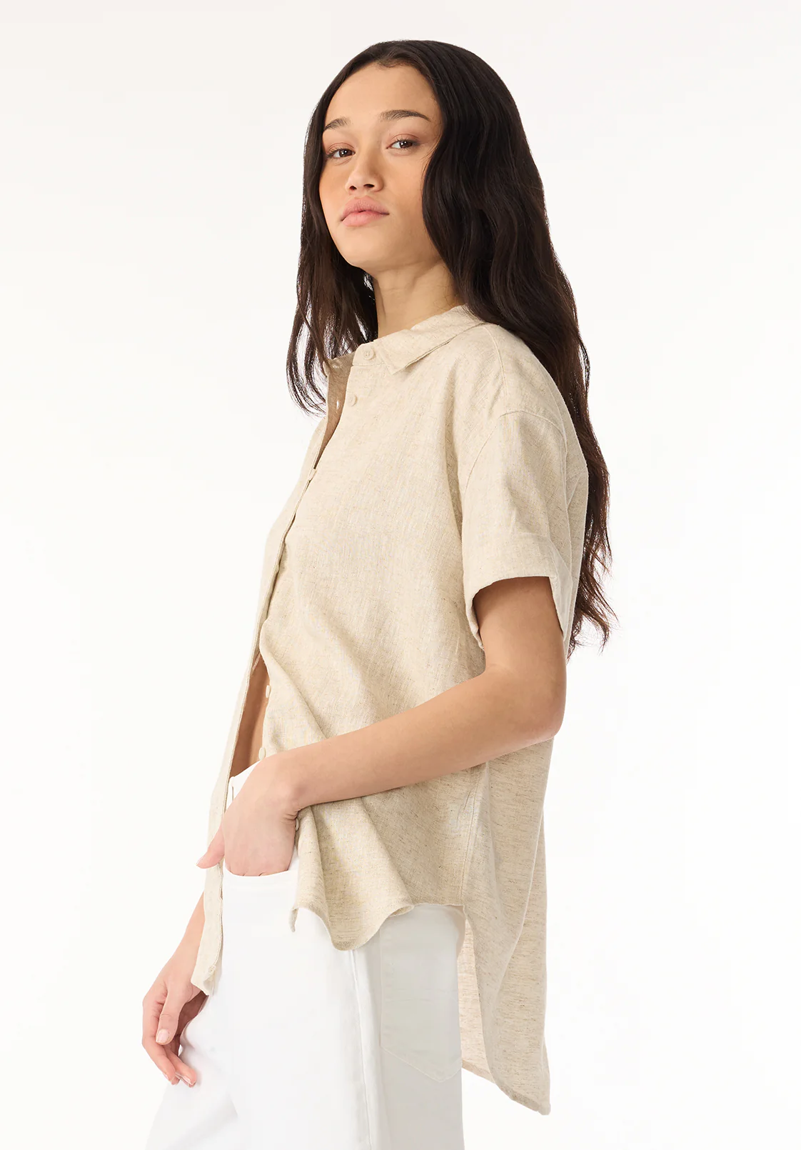 Solana Women's Linen Short-Sleeve Button-Up Shirt, Beige - WT0172P - Image 2