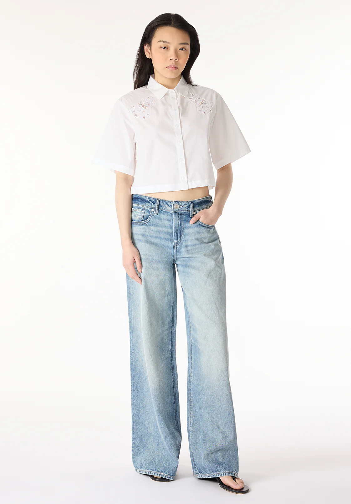 Sorcha Women's Short-Sleeve Cropped Shirt with Embroidered Floral Details, White - WT0158P - Image 4