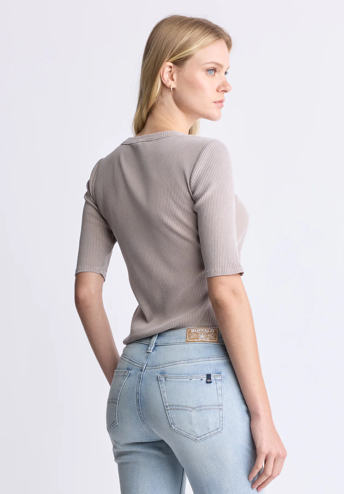 Tabbey Women's Ribbed Half-Sleeve Top, Taupe - KT0172H - Image 3