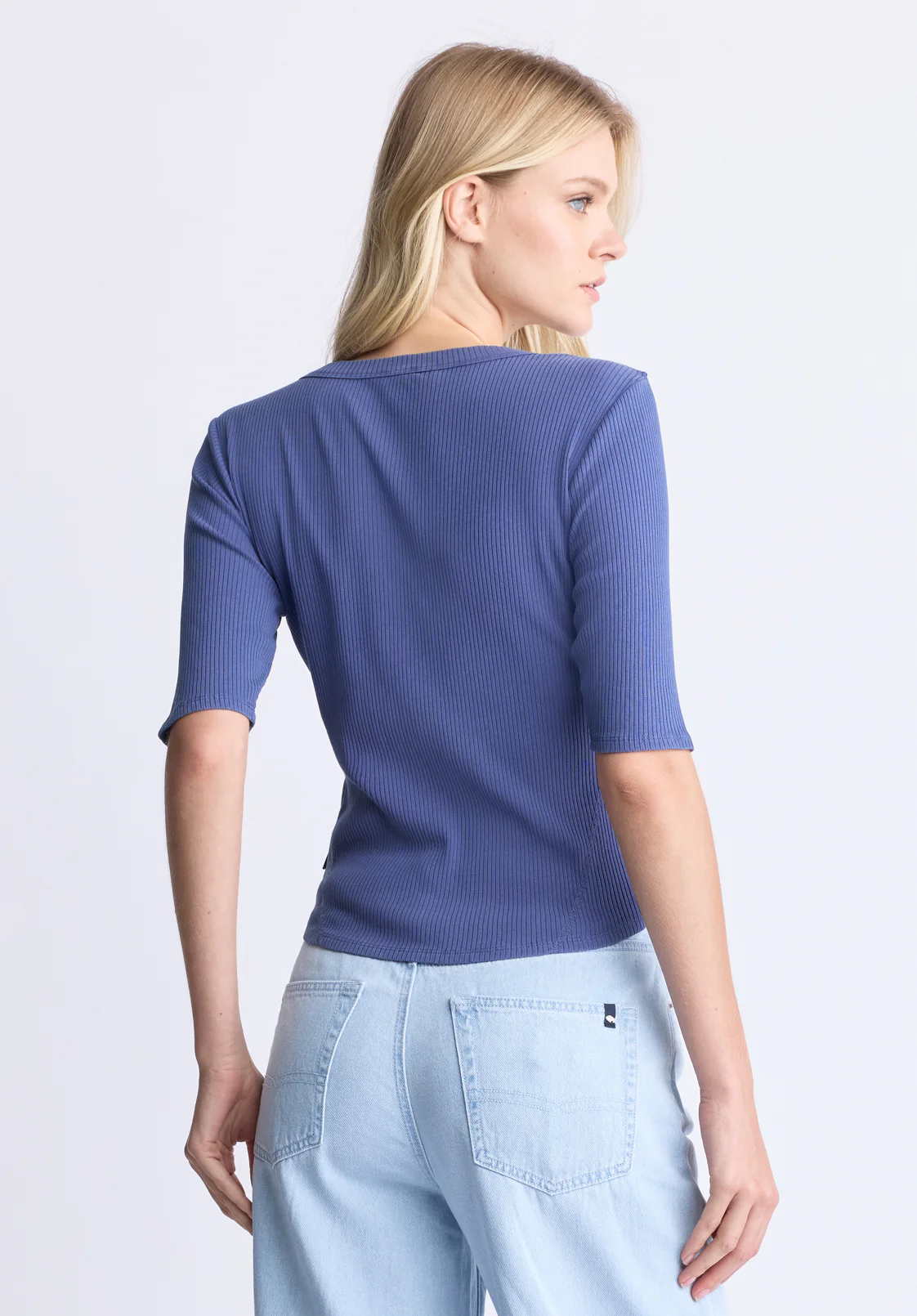 Tabbey Women's Ribbed Half-Sleeve Top, Blue - KT0172H - Image 3