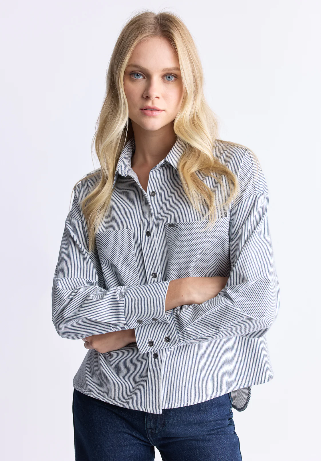 Twyla Women's Boxy Striped Button-Up Shirt, Whale & White - WT0084H
