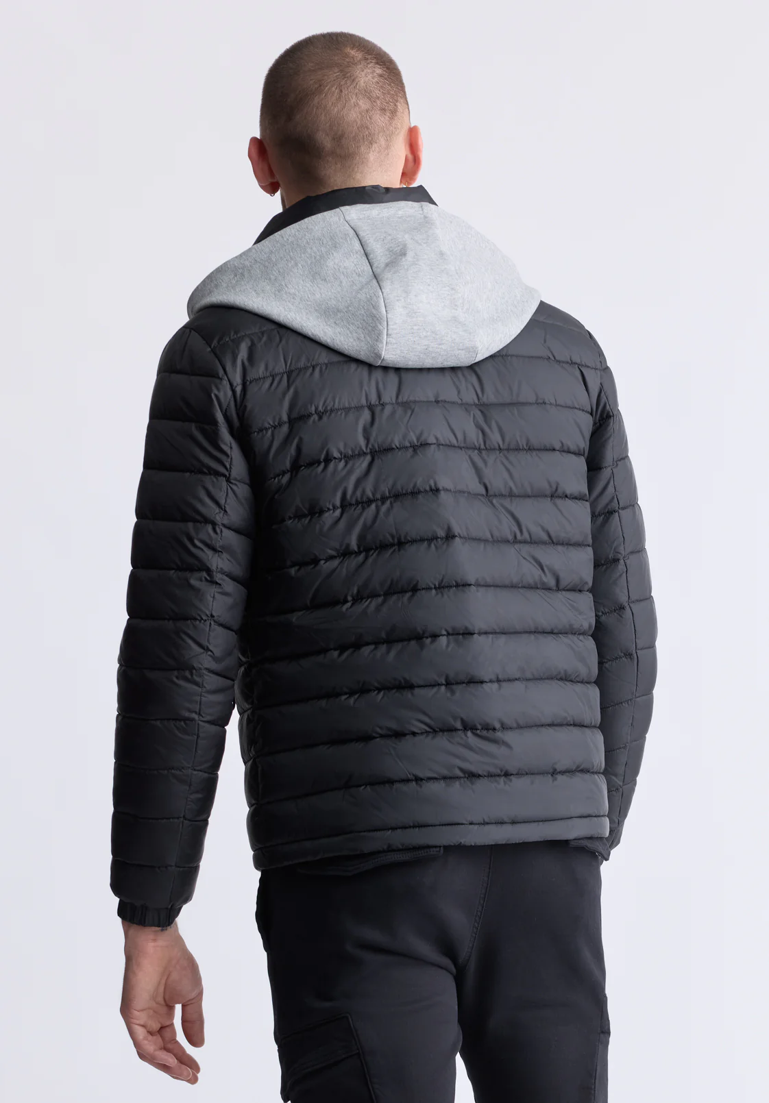 Vince Men’s Quilted Puffer Zip-Up Jacket with Contrasting Hoodie, Black - OBMFE003 - Image 3