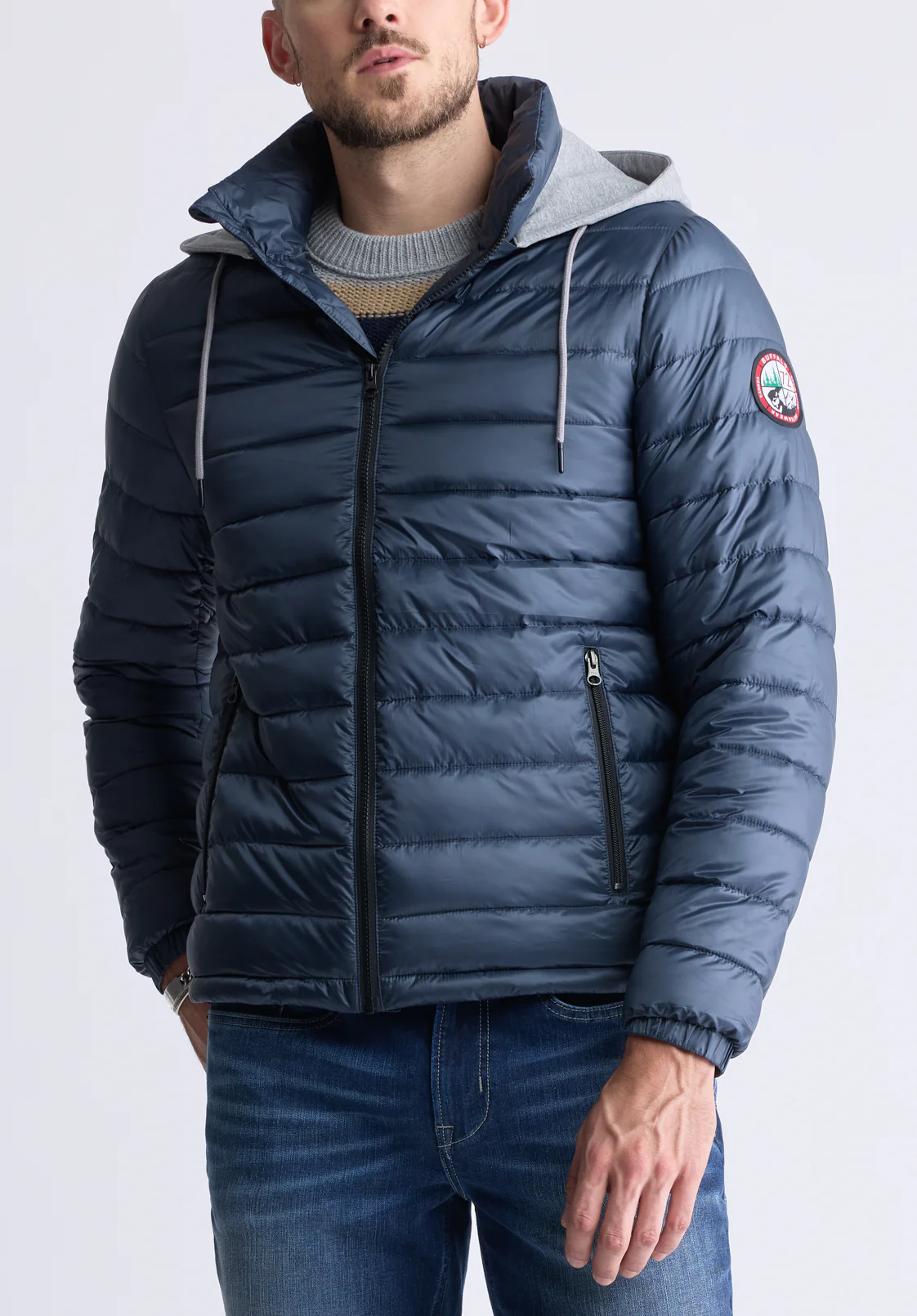 Vince Men’s Quilted Puffer Zip-Up Jacket with Contrasting Hoodie, Navy - OBMFE003 - Image 2