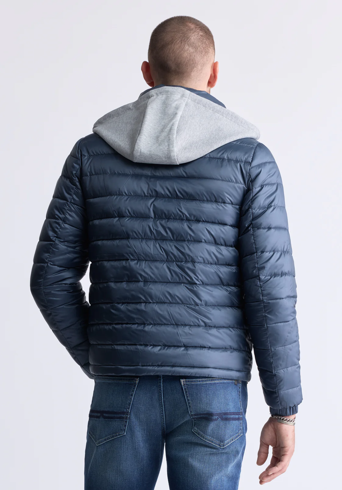 Vince Men’s Quilted Puffer Zip-Up Jacket with Contrasting Hoodie, Navy - OBMFE003 - Image 4
