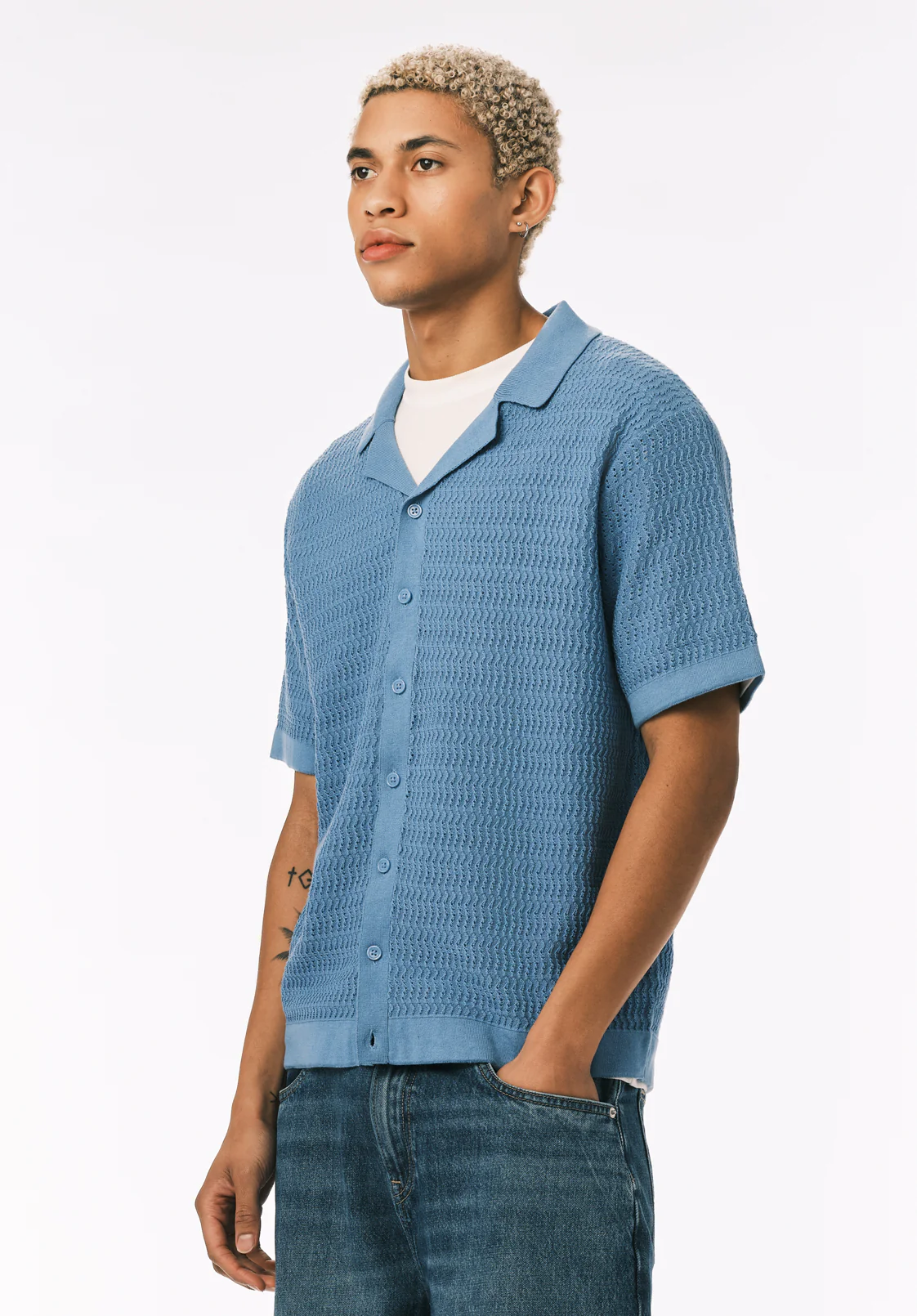 Waldir Men’s Short Sleeve Sweater Shirt, Silver Lake Blue - BM24795 - Image 4