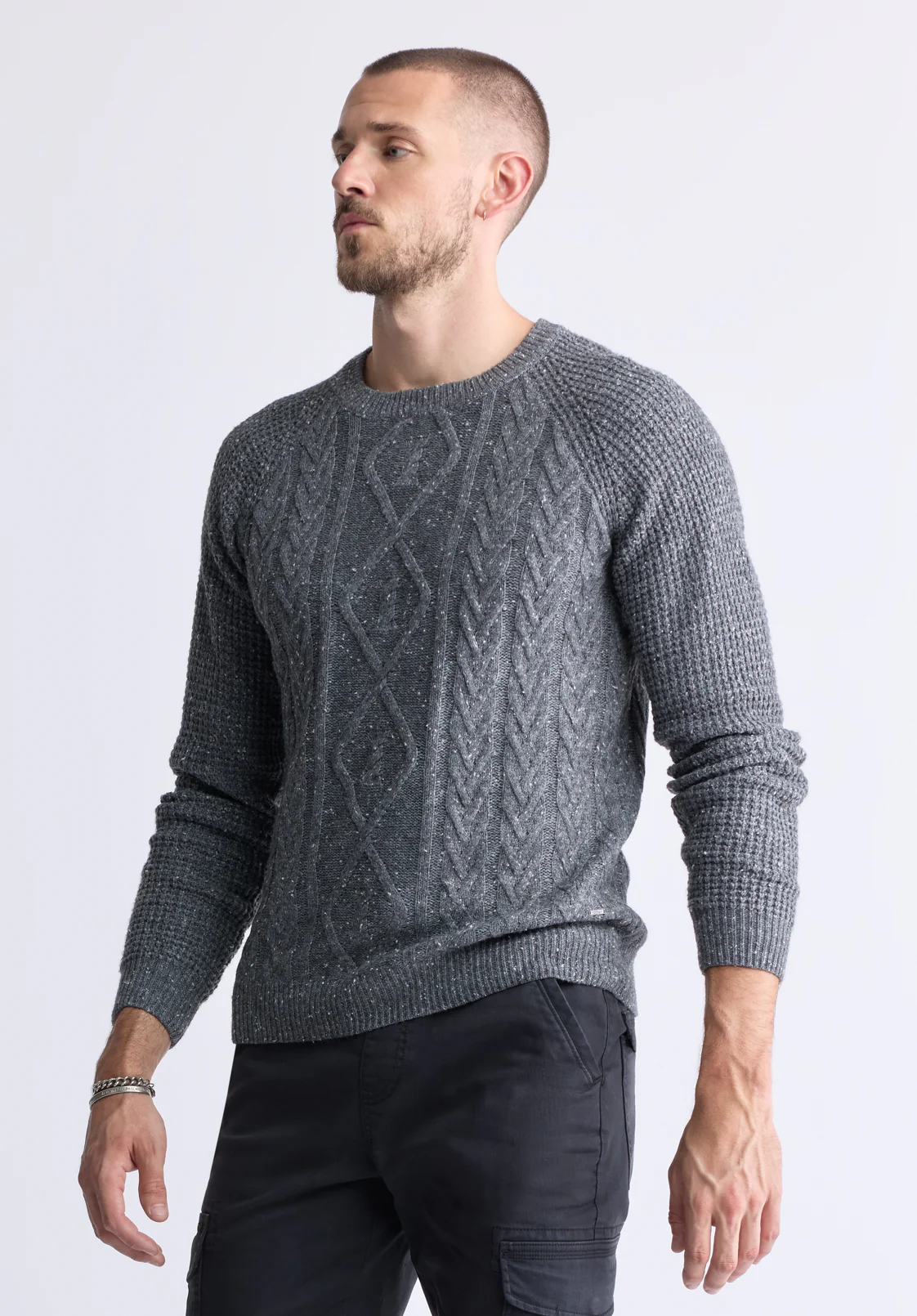 Wallaby Men’s Nep Yarn Cable Knit Crewneck Sweater, Grey - BM24417 - Image 3
