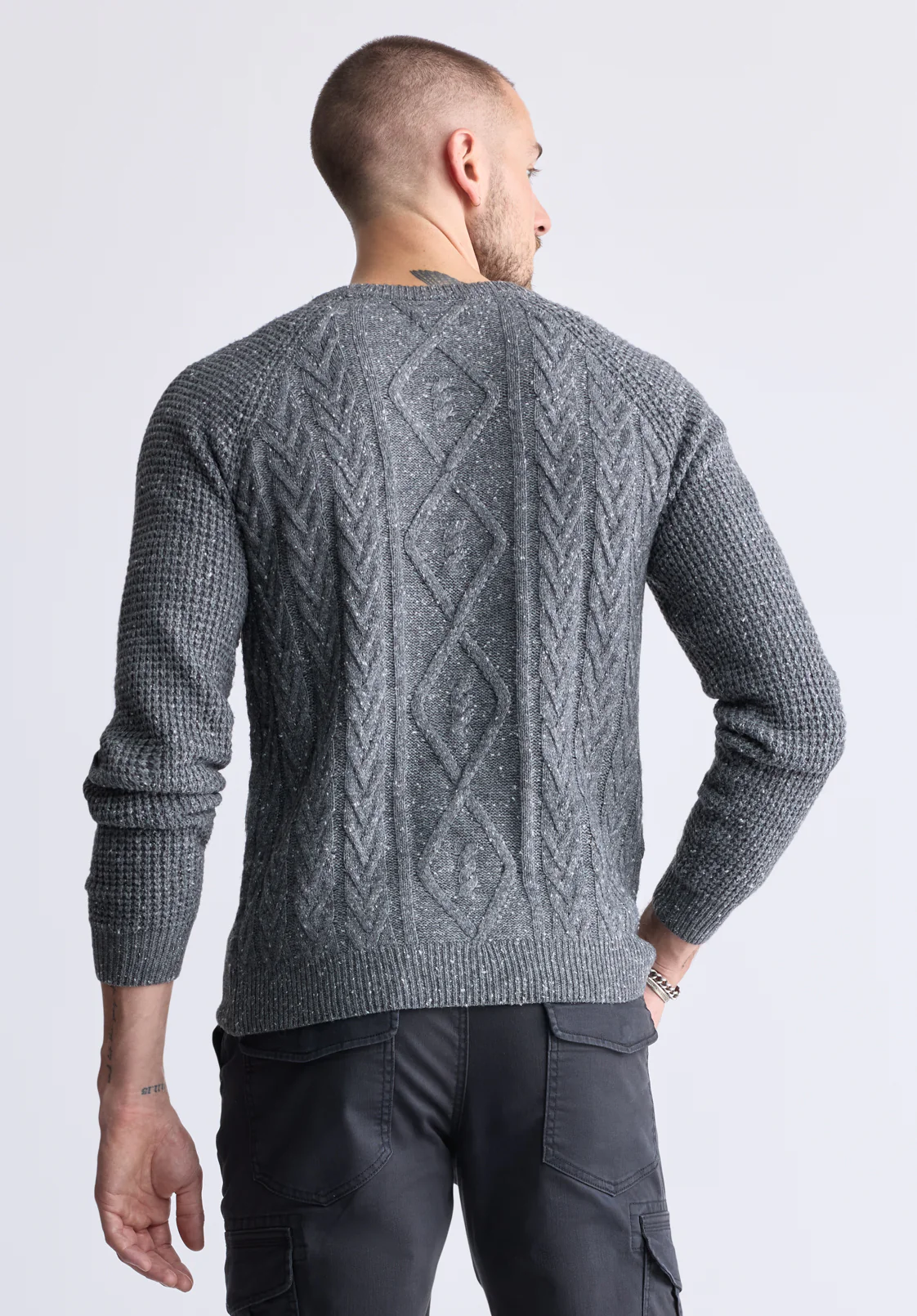 Wallaby Men’s Nep Yarn Cable Knit Crewneck Sweater, Grey - BM24417 - Image 4