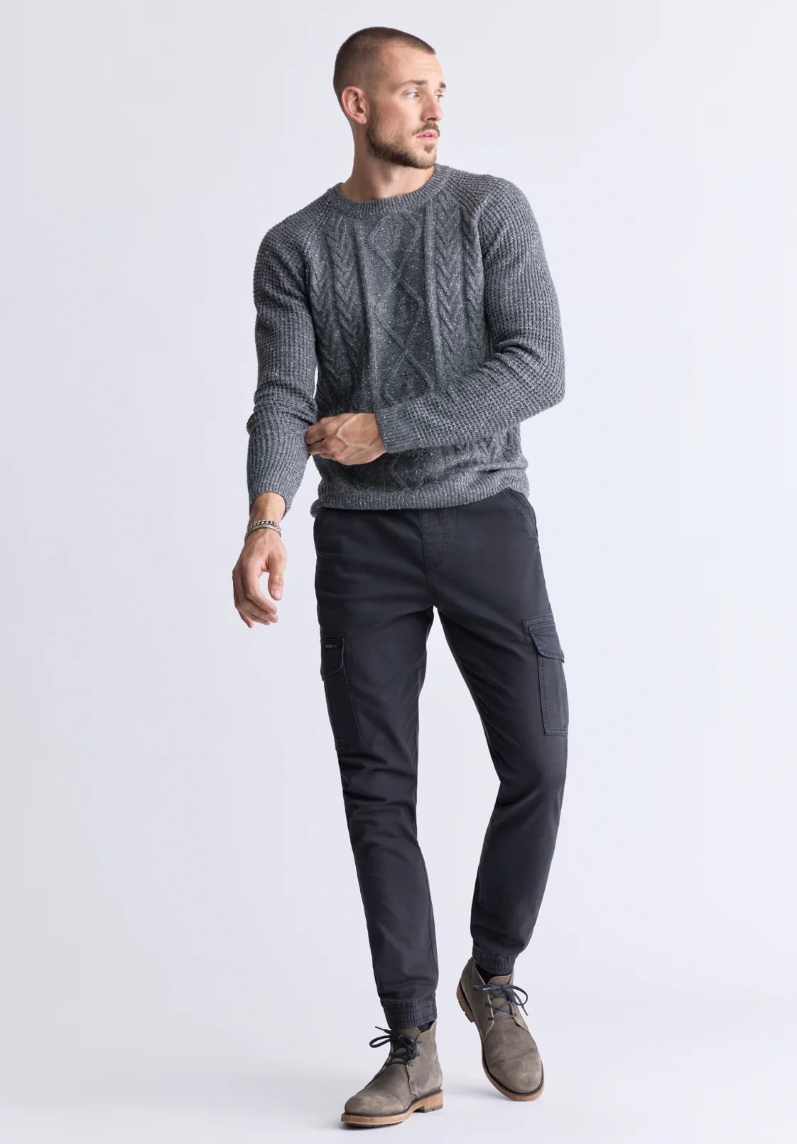 Wallaby Men’s Nep Yarn Cable Knit Crewneck Sweater, Grey - BM24417 - Image 5