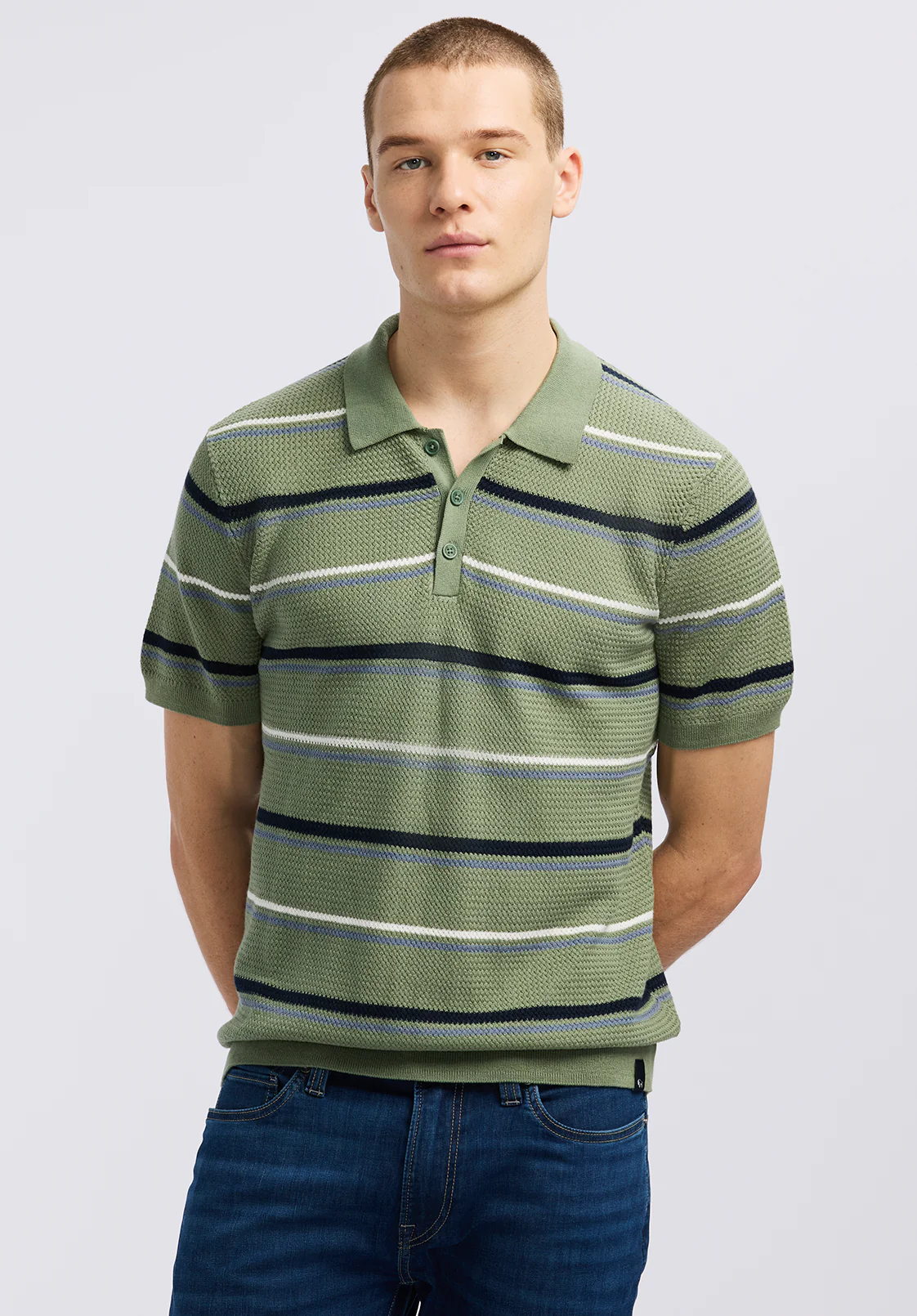 Winder Men's Short-Sleeve Striped Sweater Polo, Hedge Green - BM24622