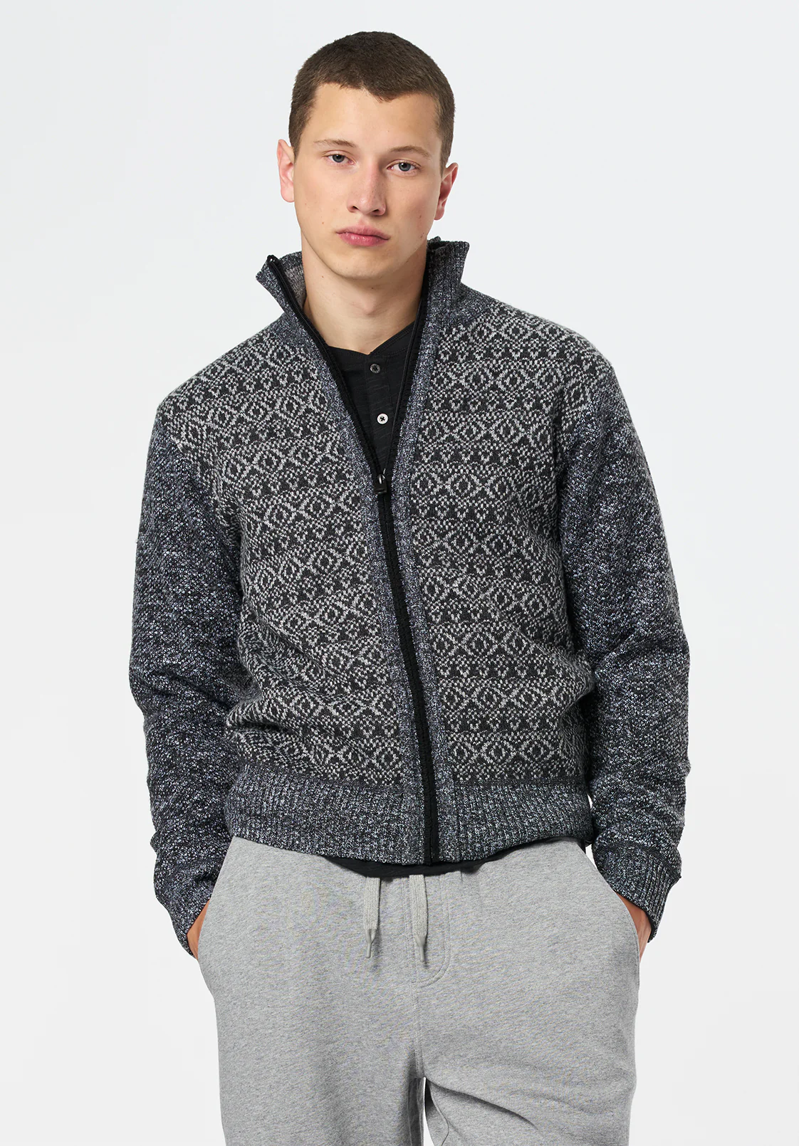 Winlow Men's Relaxed Full-Zip Jacquard Knit Sweater, Heather Grey - BM24749