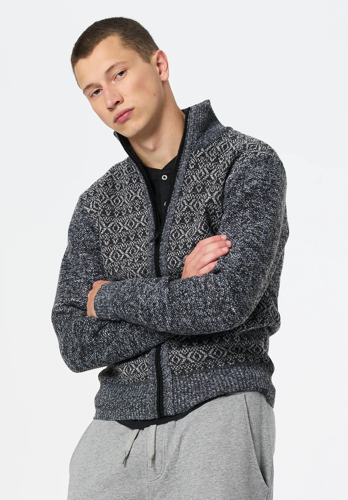 Winlow Men's Relaxed Full-Zip Jacquard Knit Sweater, Heather Grey - BM24749 - Image 3
