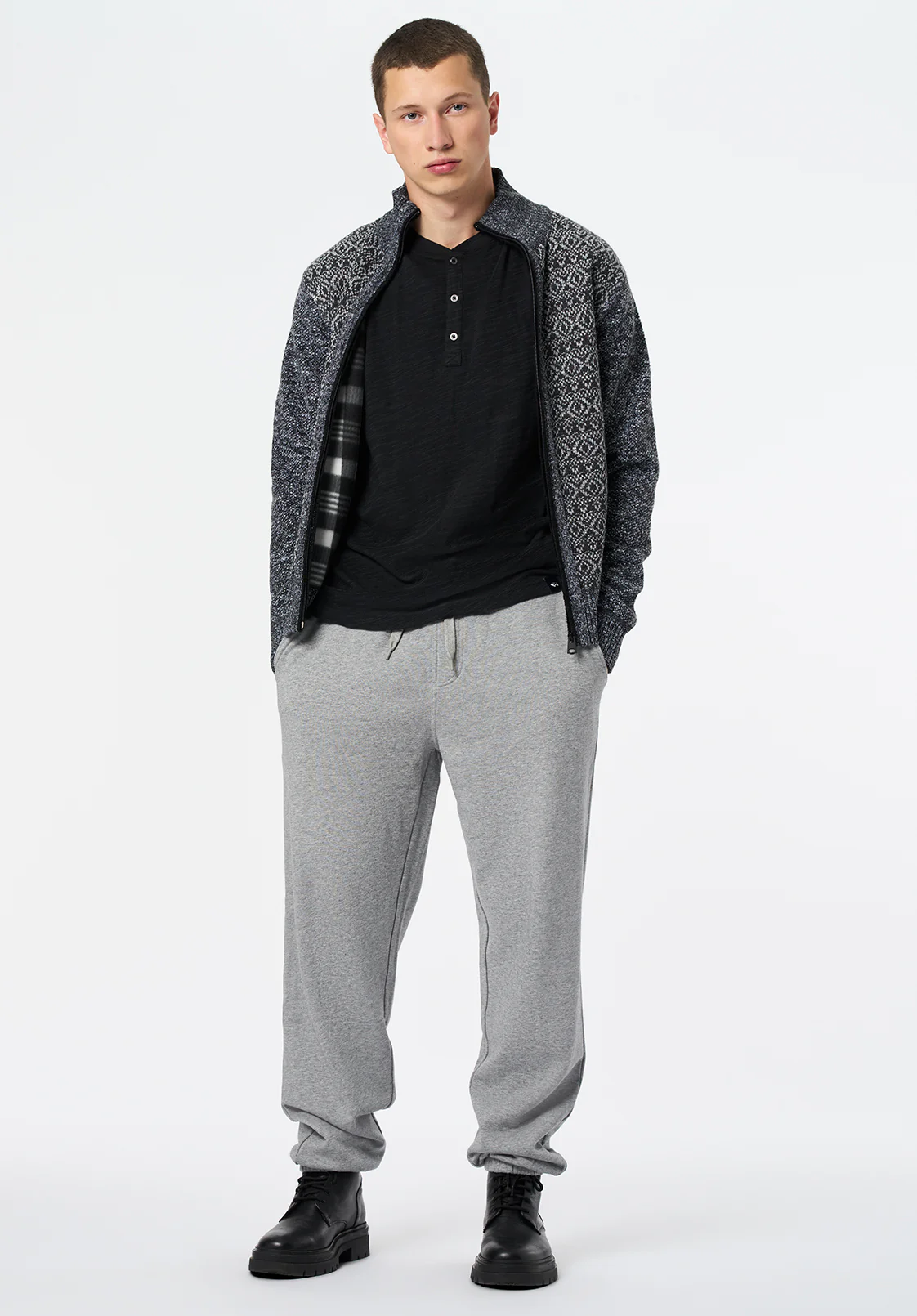Winlow Men's Relaxed Full-Zip Jacquard Knit Sweater, Heather Grey - BM24749 - Image 4