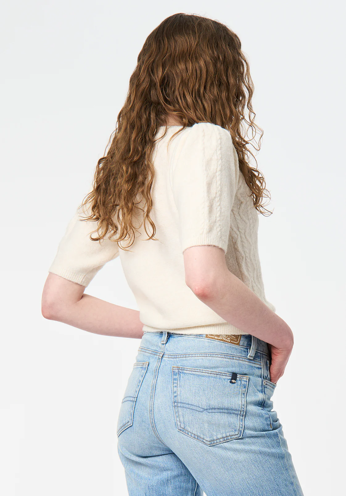 Winsome Women's Short Sleeve Cable Knit Sweater with Shoulder Button Detail, Marshmallow - SW0151 - Image 3