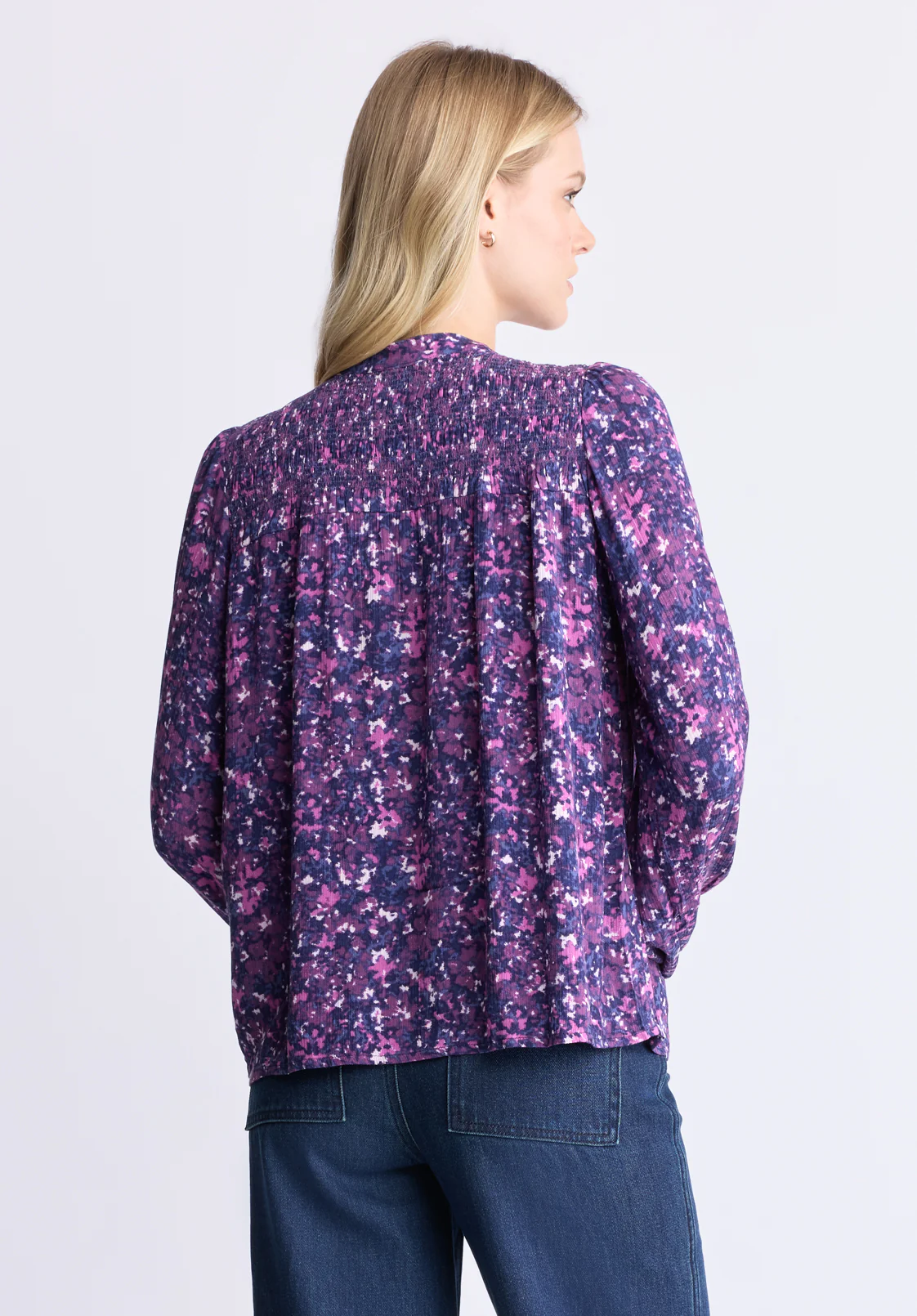 Zosia Women's Floral Print Smocked Blouse, Purple - WT0130H - Image 3